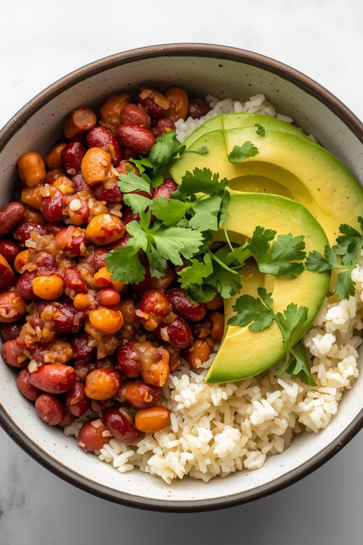 anasazi beans served over rice with avocado and cilantro garnish