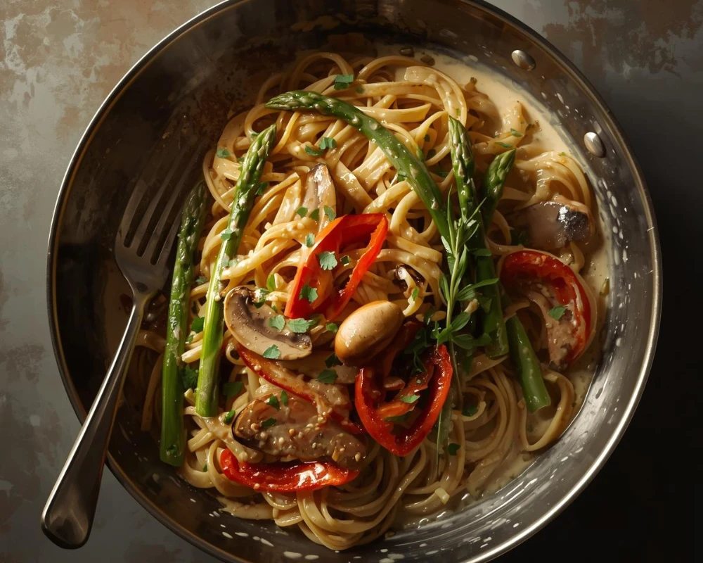 Shrimp-Curry-with-Crispy-Shallots-840x1200 Asparagus mushroom red pepper pasta recipe in a skillet with creamy lemon sauce and fresh herbs