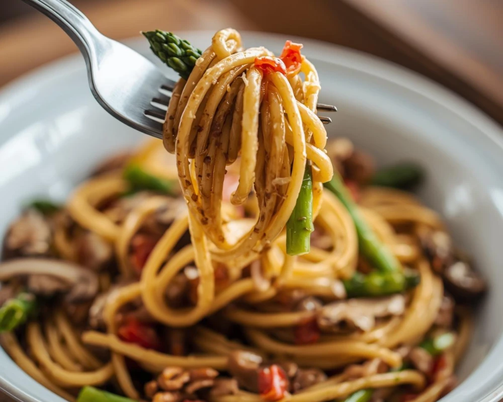 Close up of asparagus mushroom red pepper pasta being twirled on a fork