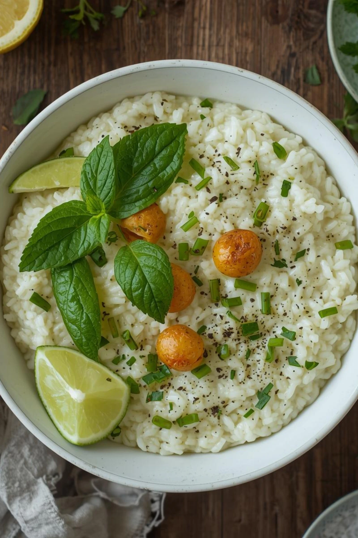 Shrimp-Curry-with-Crispy-Shallots-840x1200 creamy lemongrass risotto with coconut milk in a white bowl garnished with fresh herbs and lime