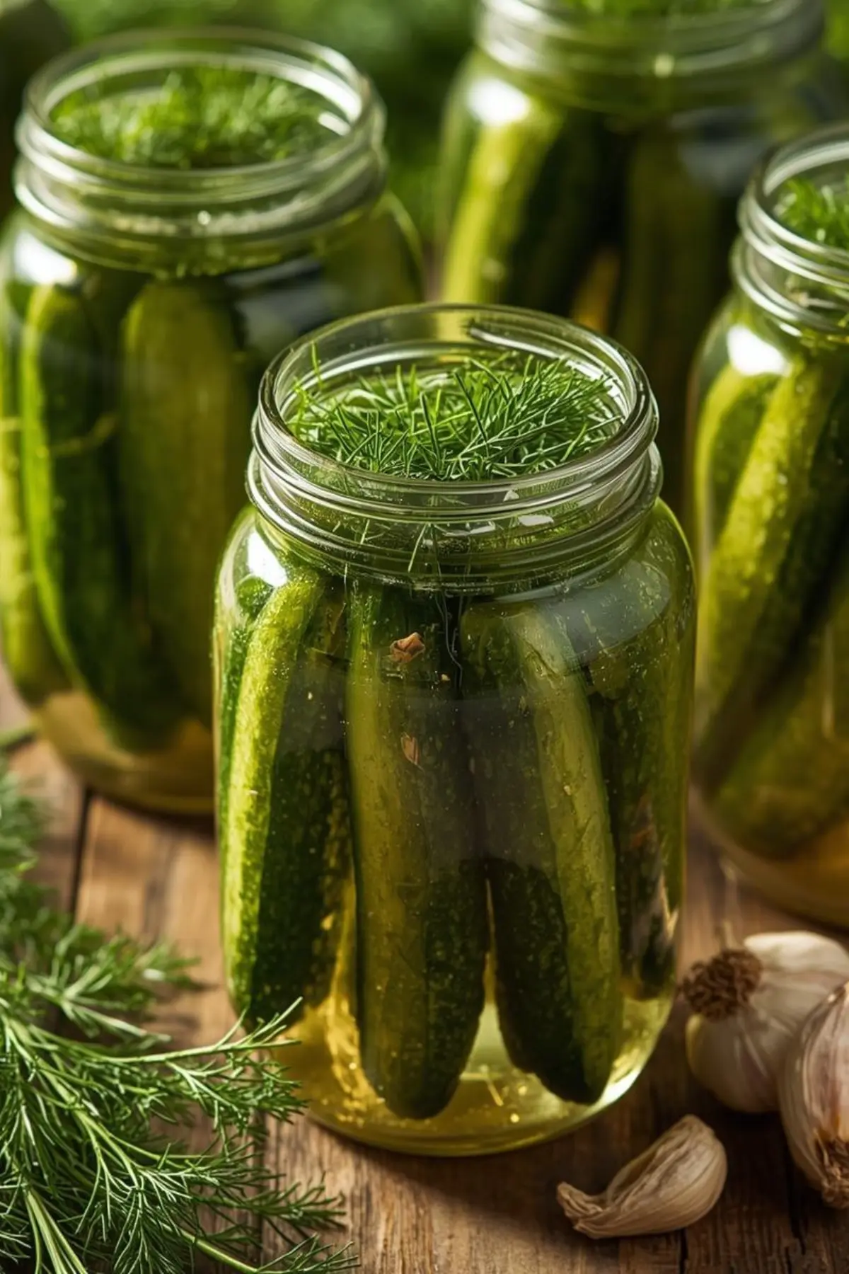 glass jars filled with crisp dill pickles showing whole cucumbers with fresh dill and garlic