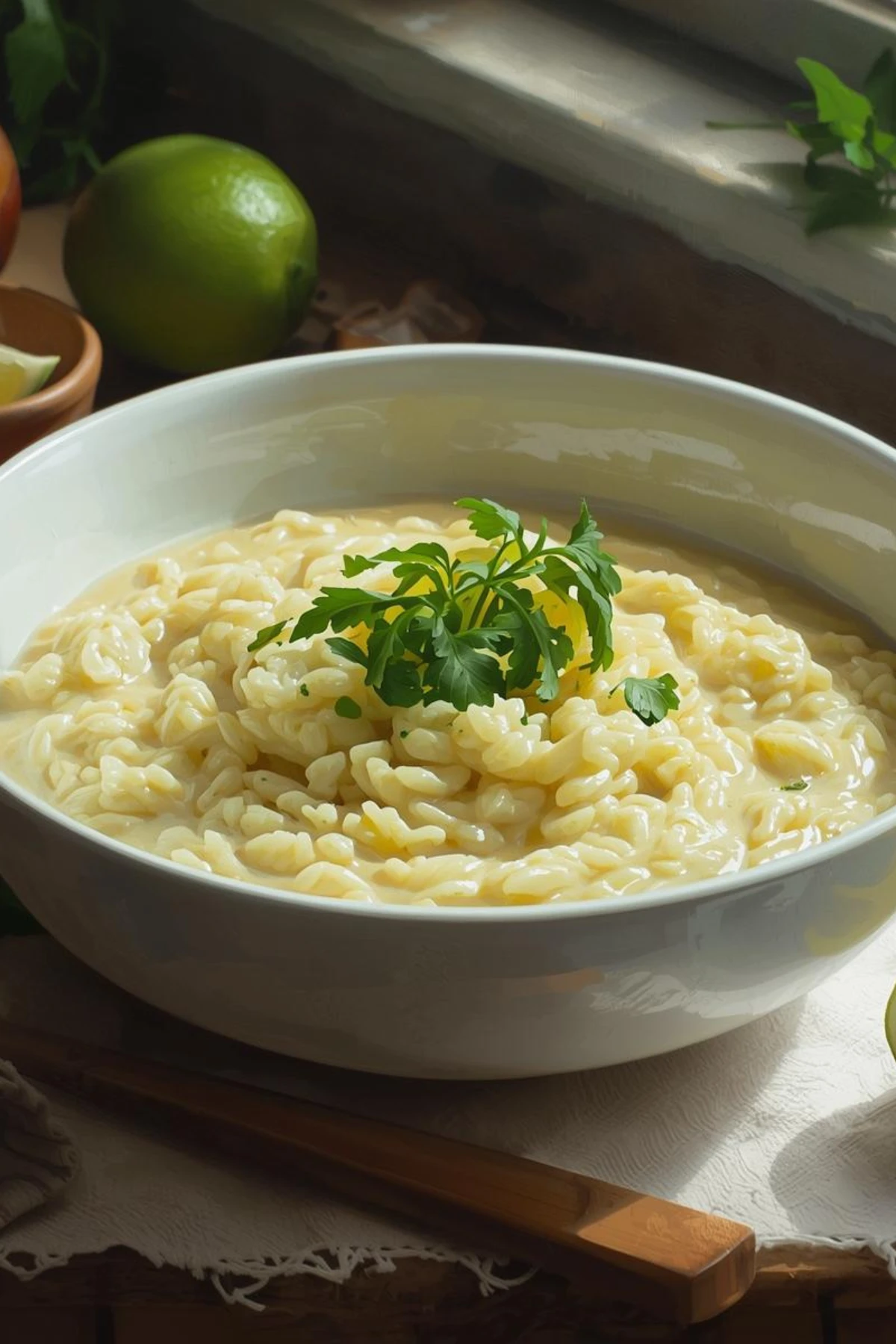 creamy lemongrass risotto recipe with coconut milk in a white bowl garnished with fresh herbs and lime
