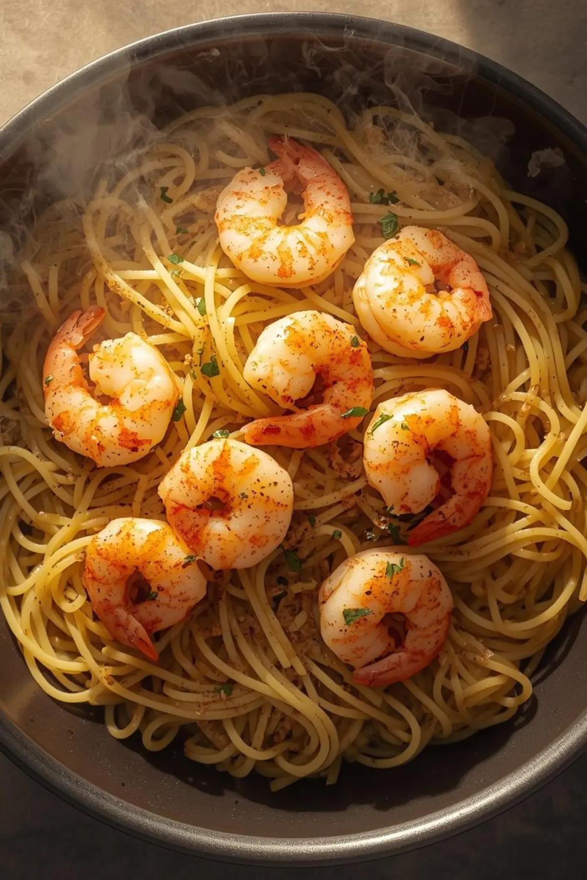 Garlic butter shrimp pasta in a large skillet with perfectly cooked shrimp on top of angel hair pasta