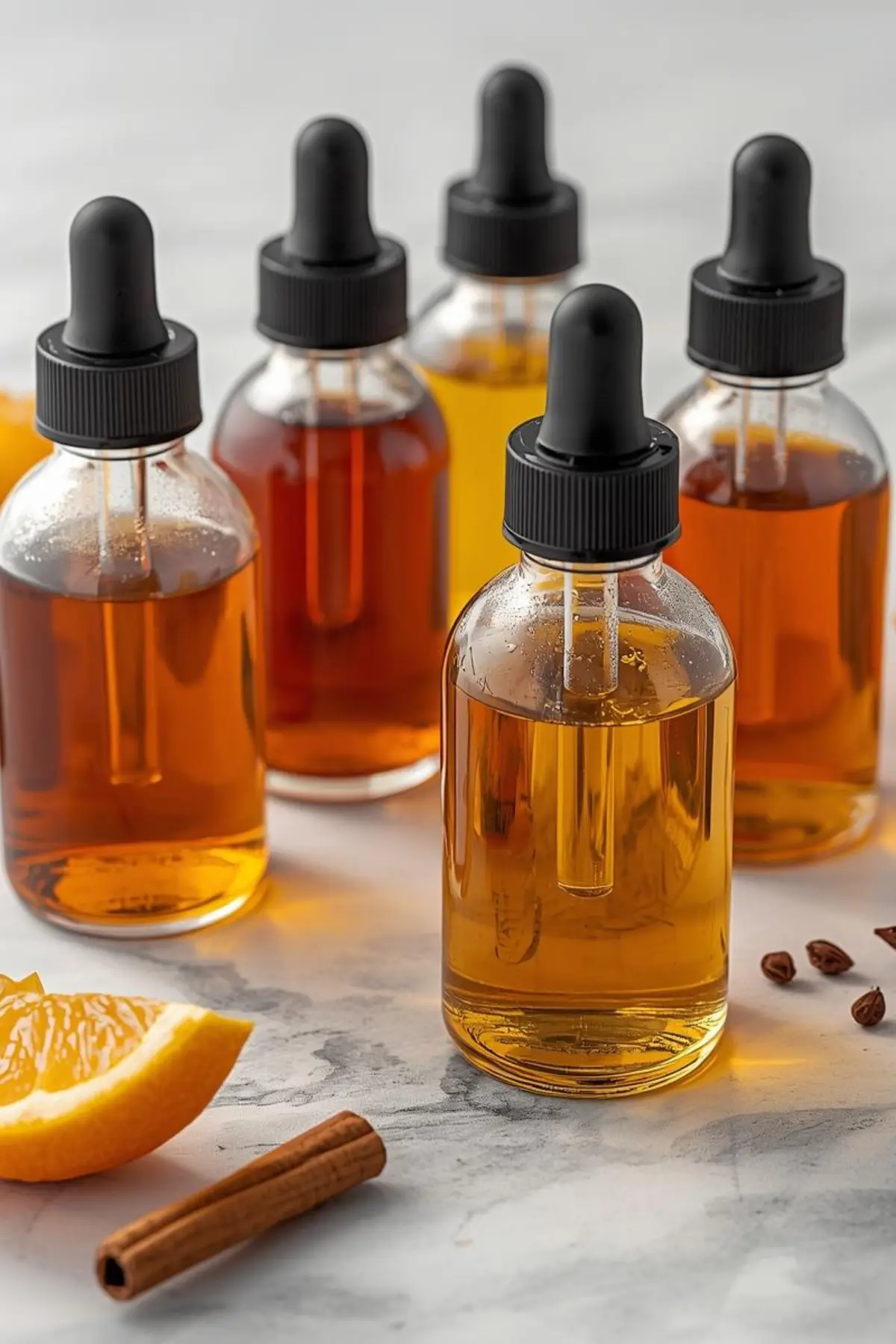 Four glass dropper bottles filled with homemade cocktail bitters in amber and golden tones on white marble countertop with orange peels and spices