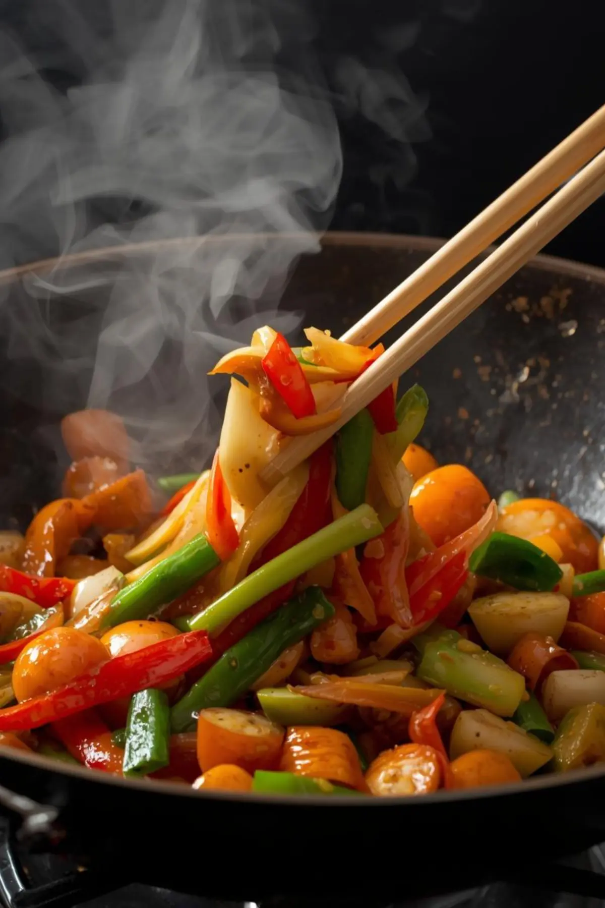 Sizzling healthy Asian stir-fry cooking in wok with colorful vegetables and chopsticks