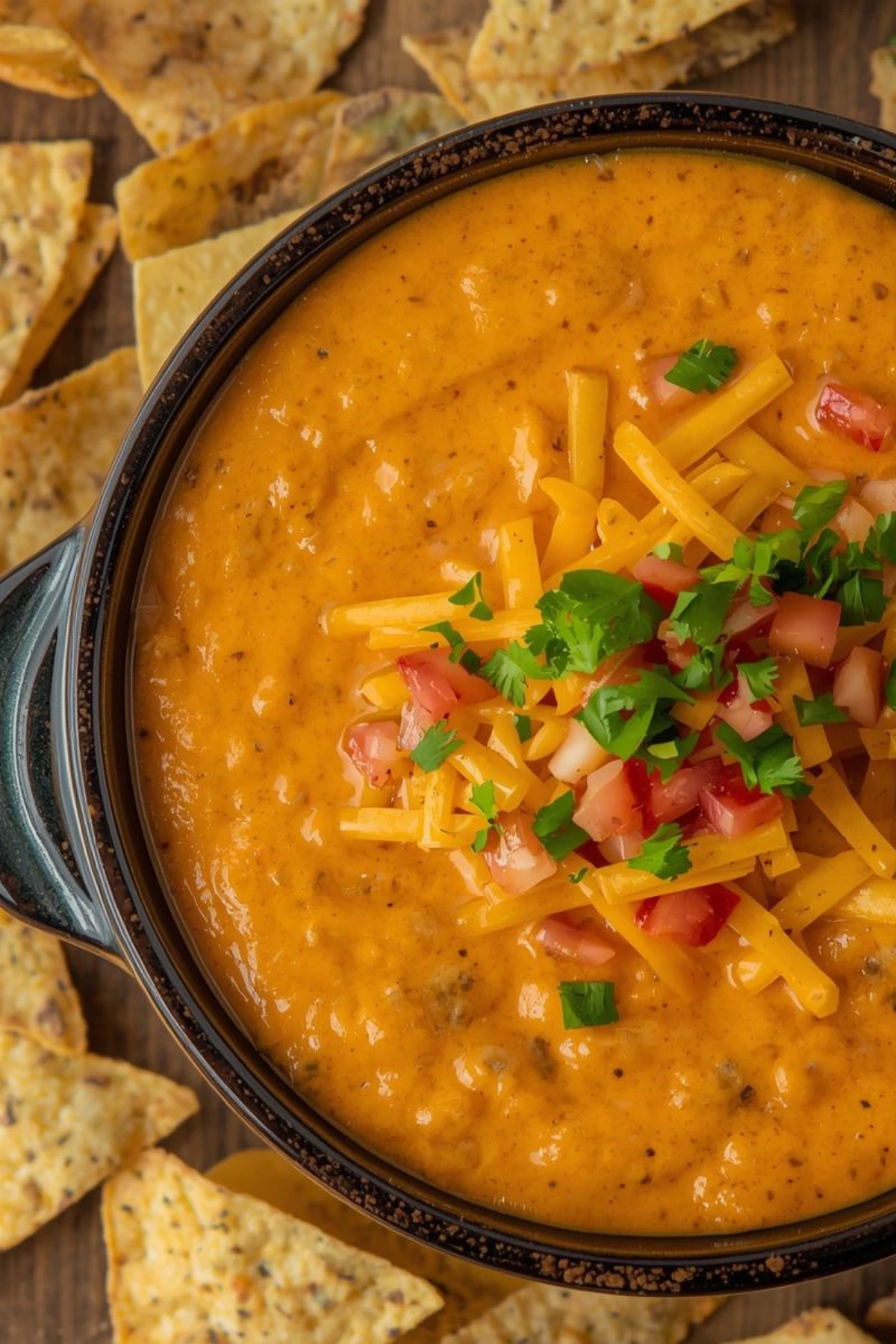Torchy's copycat queso served in ceramic bowl with tortilla chips for game day