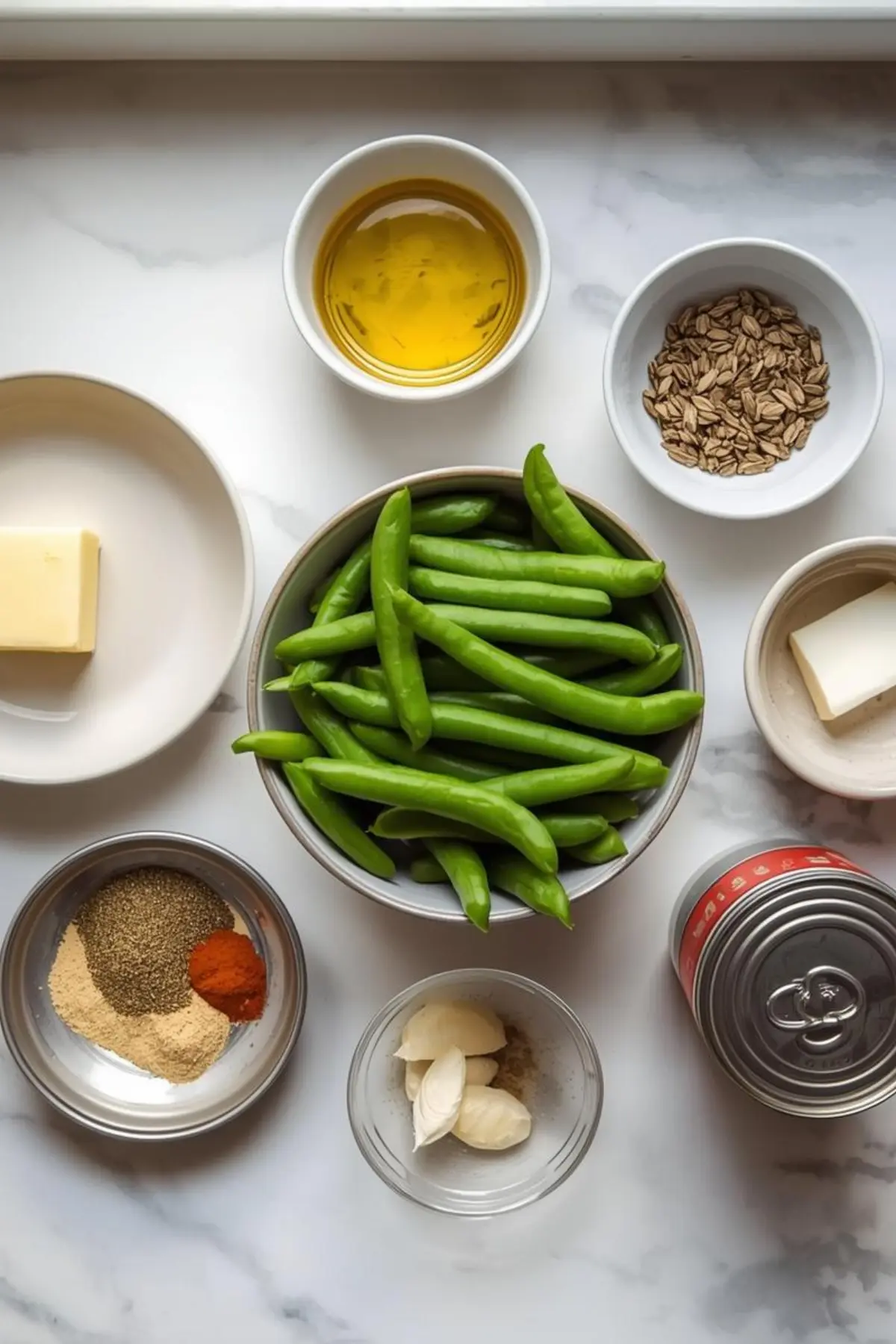 Canned green beans, butter, garlic, and seasonings arranged on a white marble counter