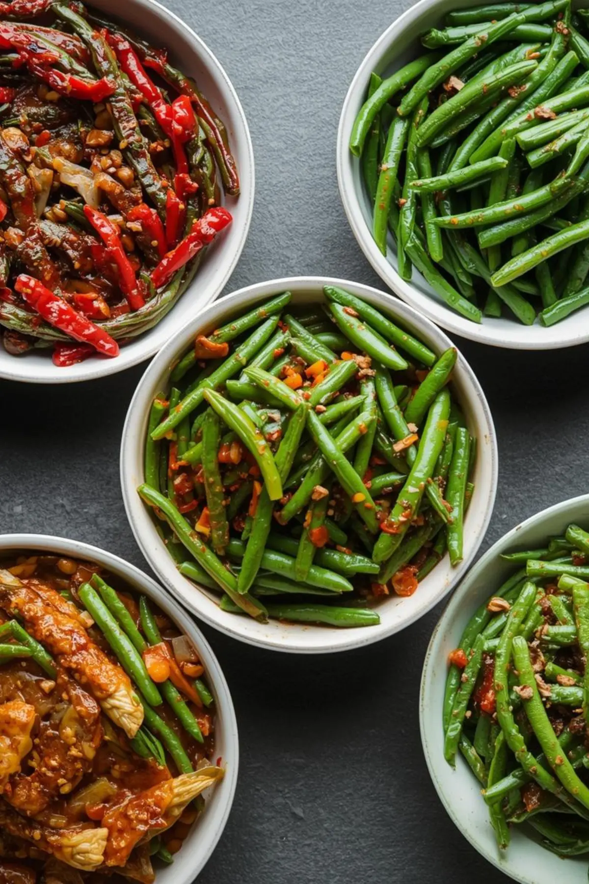 Five different bowls of seasoned canned green beans showing recipe variations