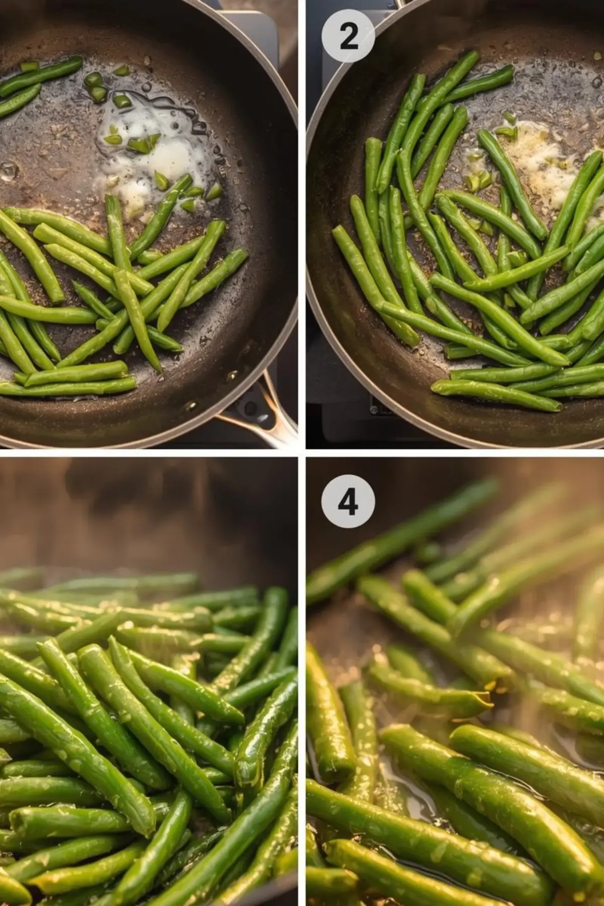 Step by step photos showing canned green beans being cooked in a skillet