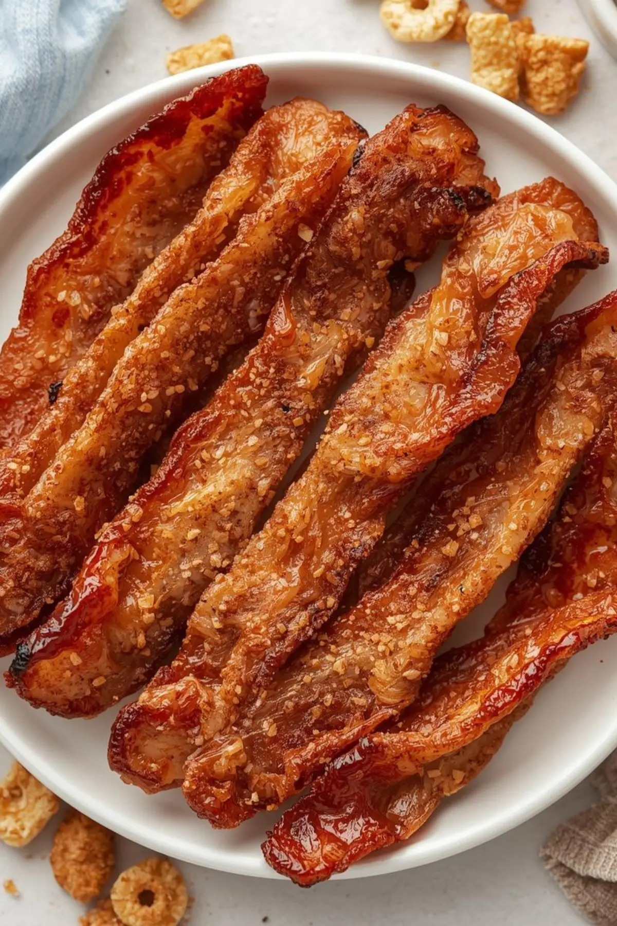 Cinnamon toast crunch bacon strips on white plate with golden caramelized cinnamon sugar coating