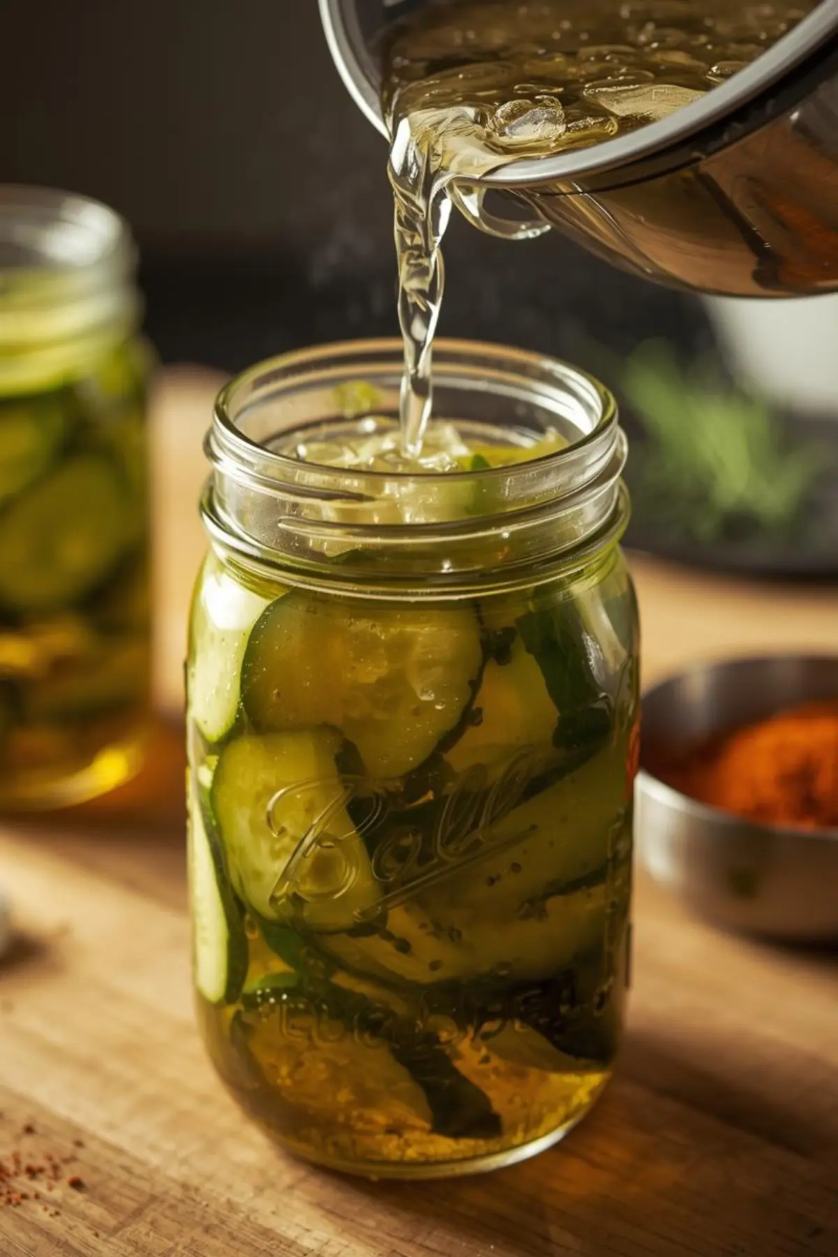 pouring hot brine over cucumber slices in mason jar