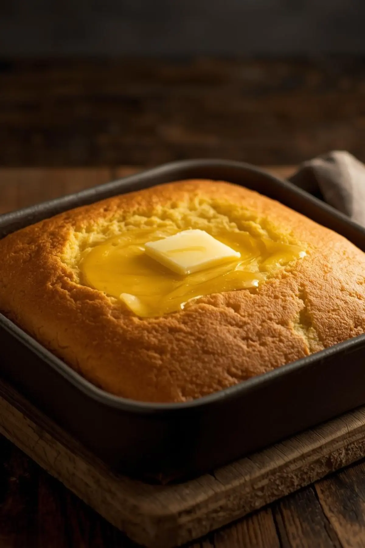 Golden Albers cornbread sliced in square pan with butter melting on top
