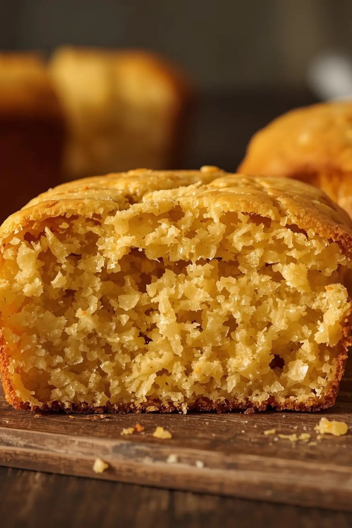 Close up of moist Albers cornbread showing perfect tender texture