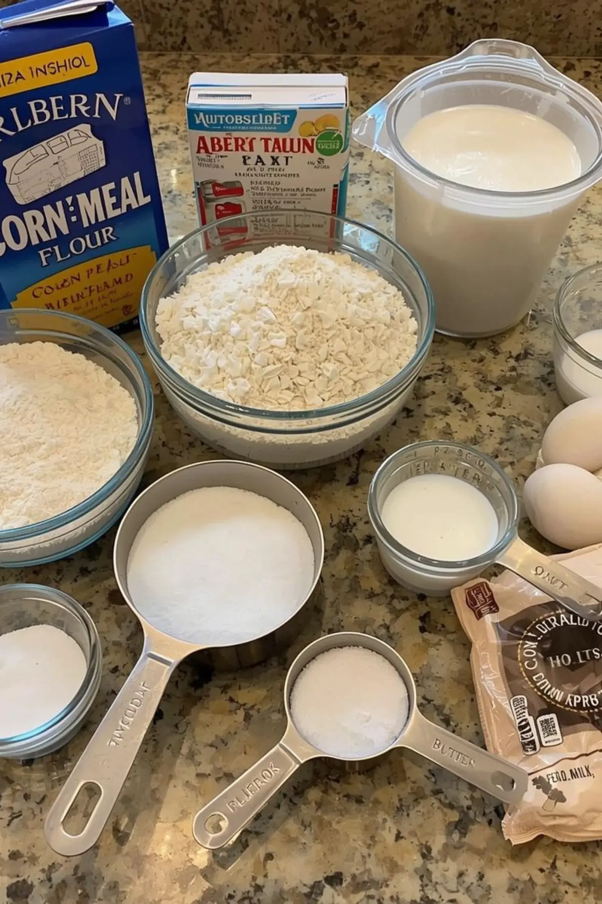 Ingredients for Albers cornbread recipe laid out on counter